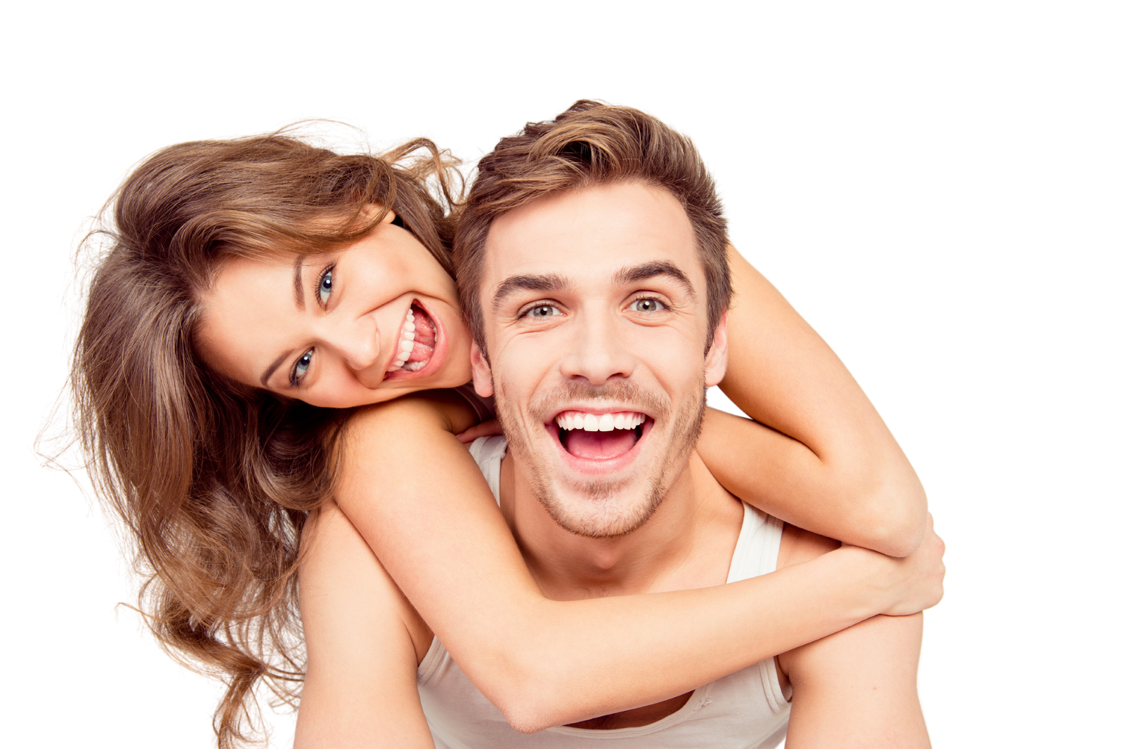Main image for "urgent dental care" page showing a woman and man (couple) showing big smiles with healthy teeth.