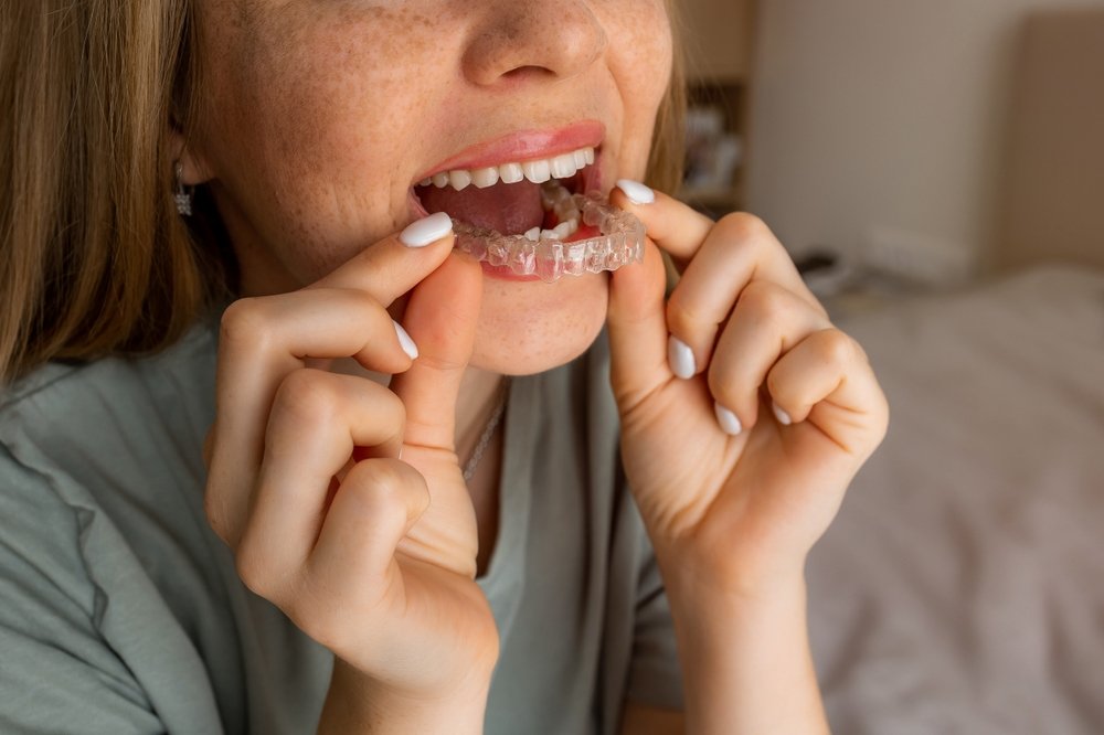 A woman with light brown hair puts a clear dental aligner onto her upper teeth. She is smiling, showing her teeth, and is holding the aligner with both hands. The background appears to be a bedroom.